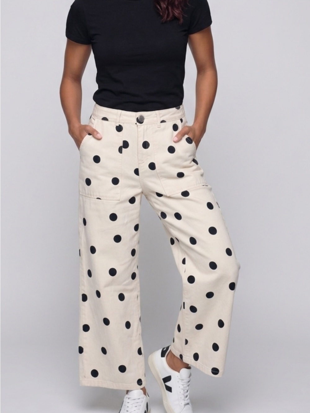 Who What Wear Cream Wide-Leg Polka Dot Pants